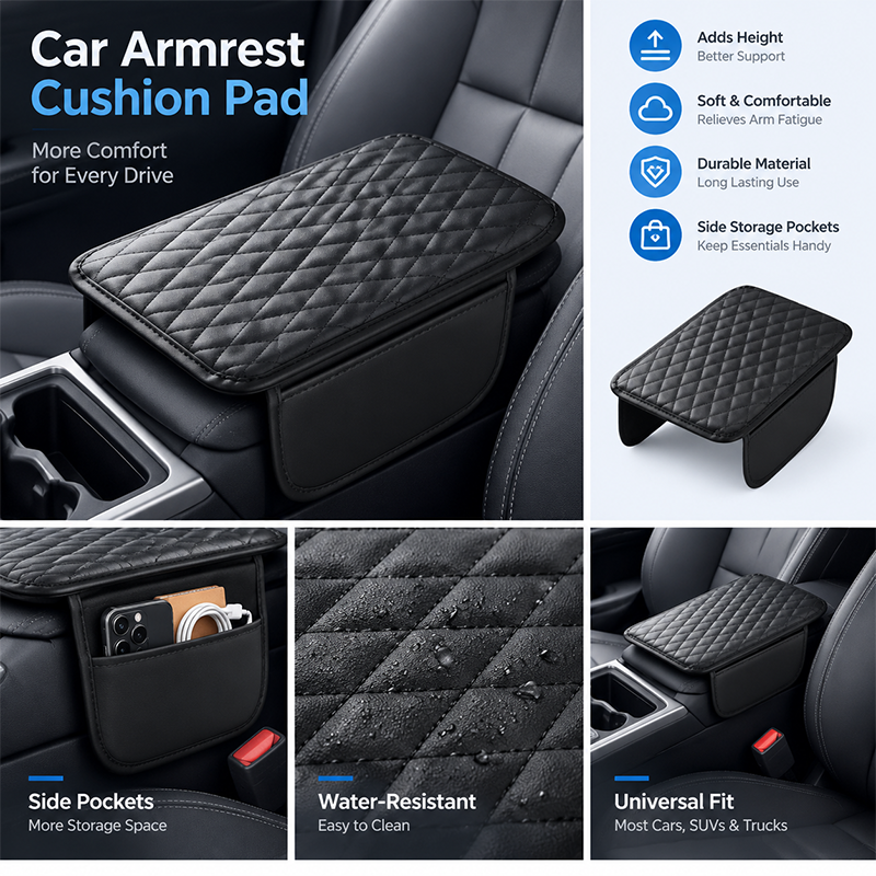 Car Center Console Armrest Cushion with Storage Pocket